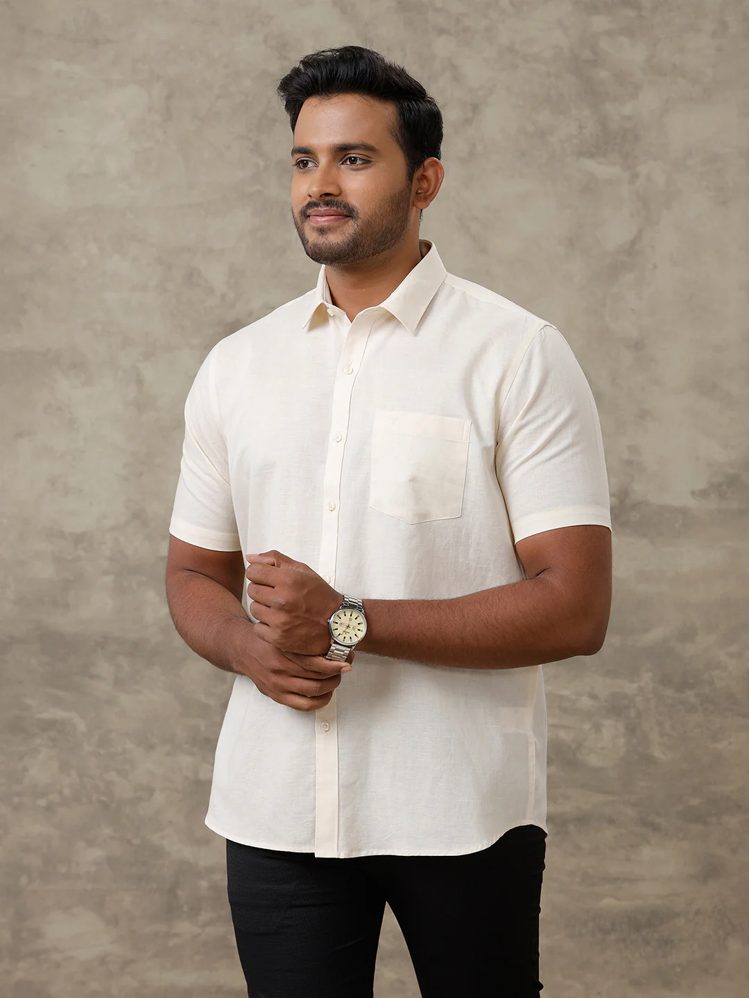 Men Linen Cotton Shirt Cream LF12 - Image 2