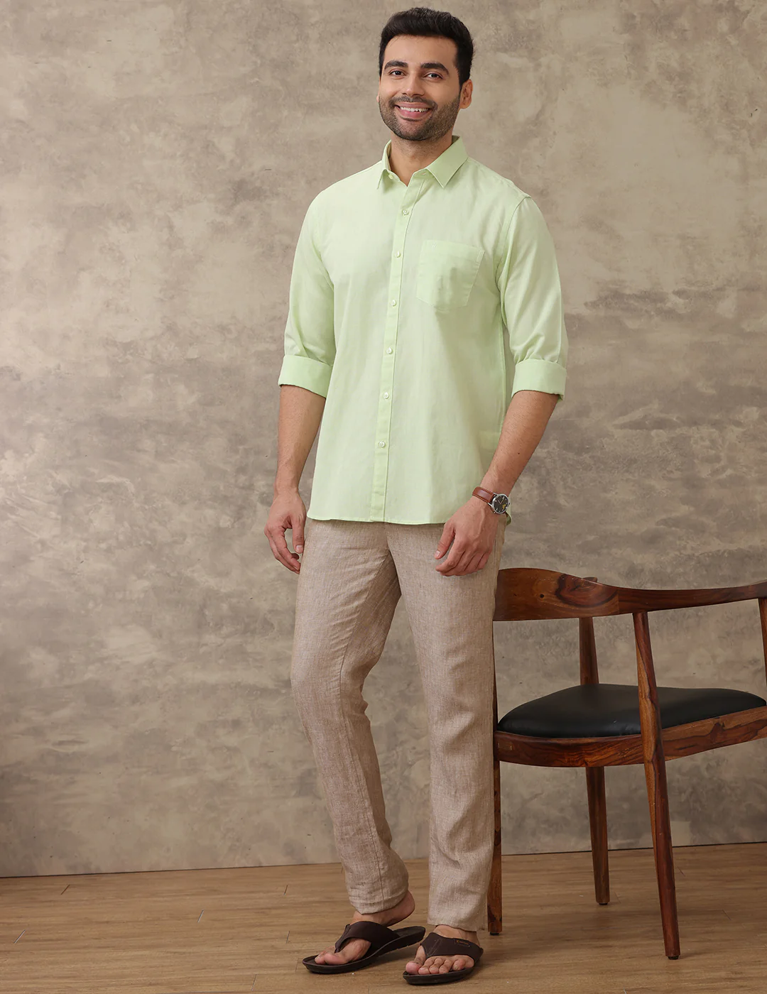 Men Linen Cotton Shirt Green LF21 - Image 3