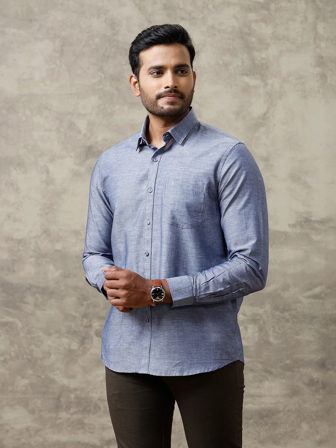 Men Linen Cotton Shirt Grey Blue LF6 - Image 3