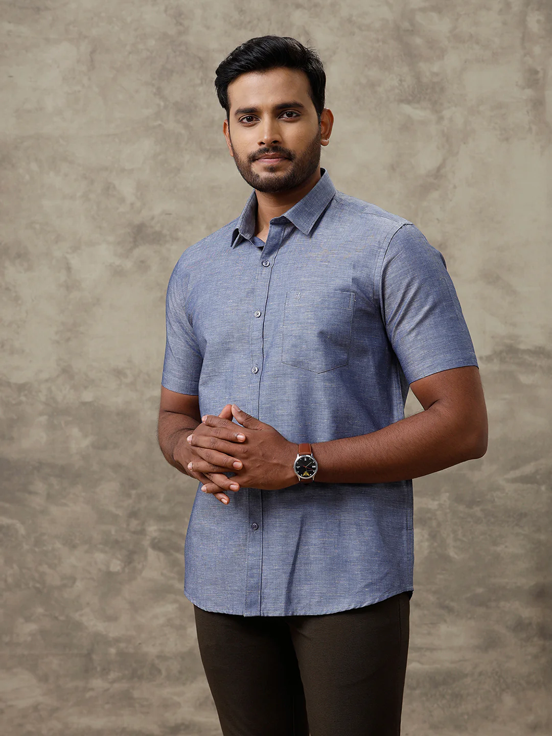 Men Linen Cotton Shirt Grey Blue LF6 - Image 4