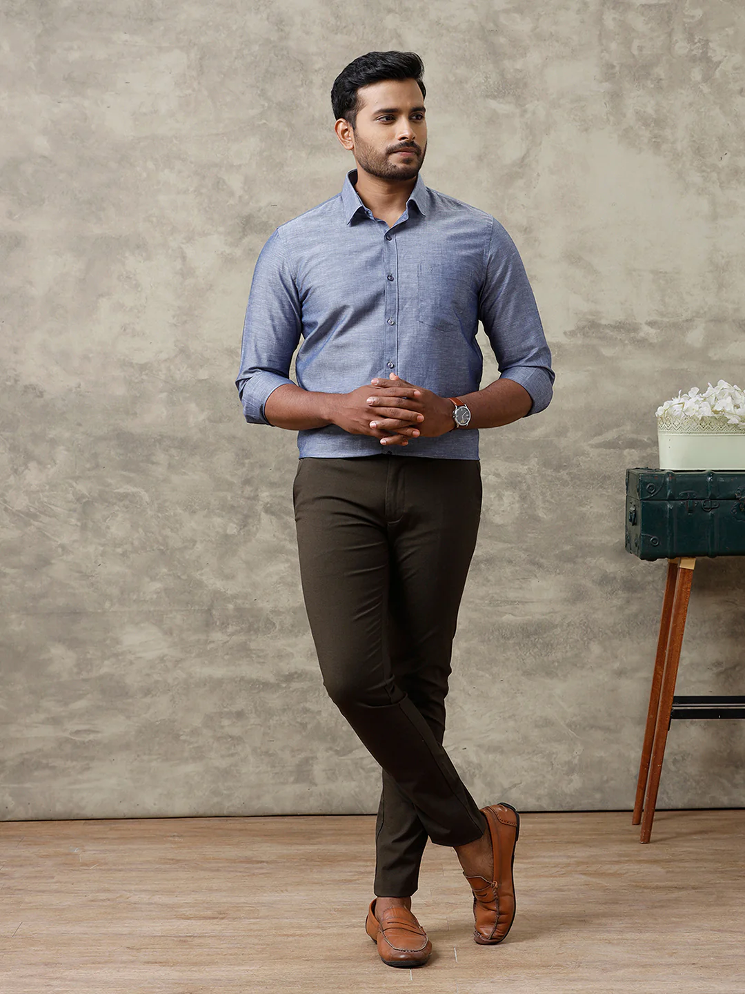 Men Linen Cotton Shirt Grey Blue LF6 - Image 5