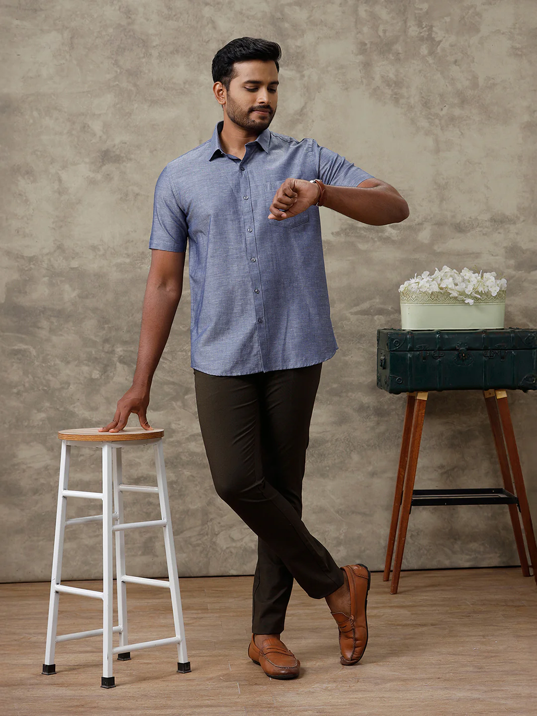 Men Linen Cotton Shirt Grey Blue LF6 - Image 7