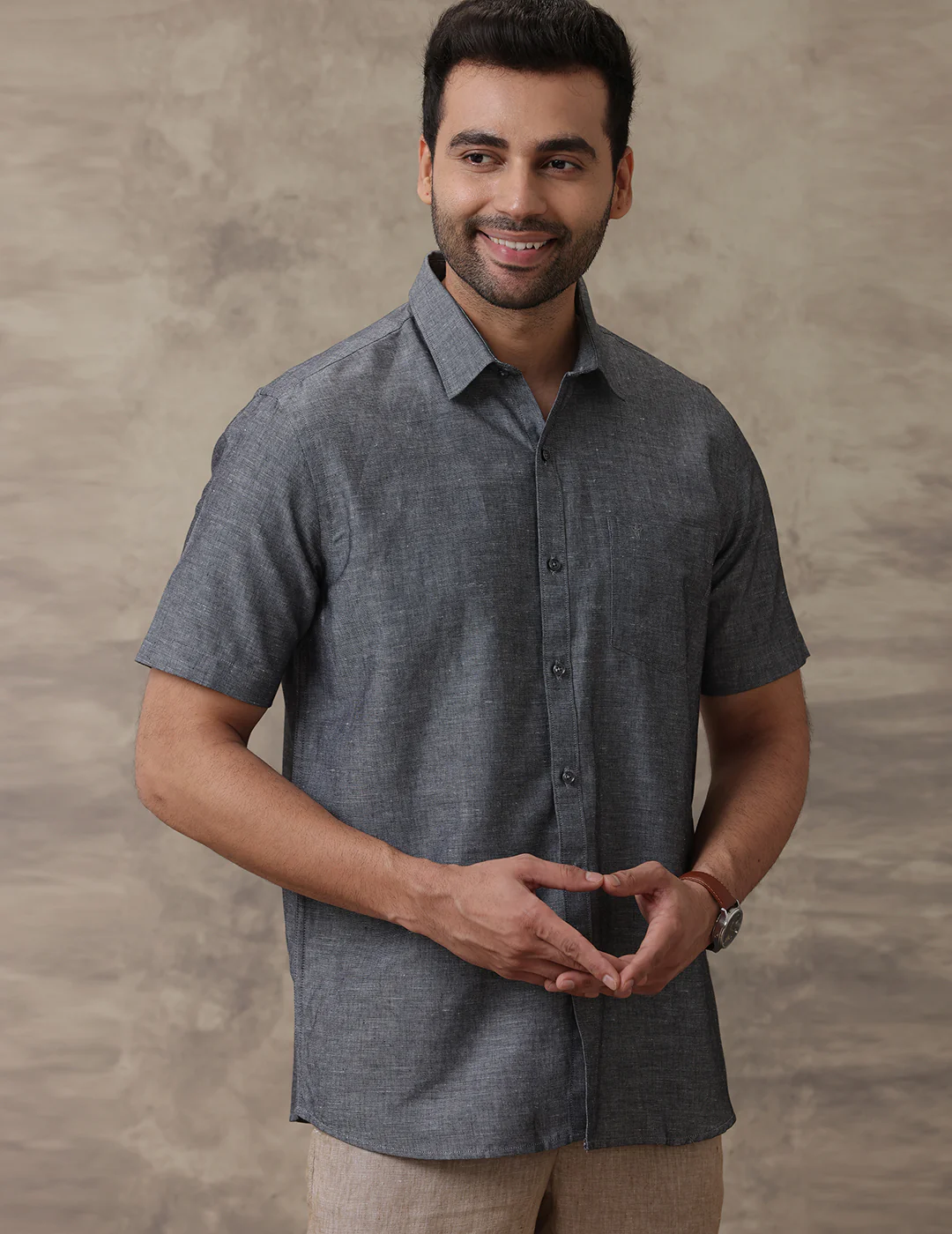Men Linen Cotton Shirt Grey LF7 - Image 2