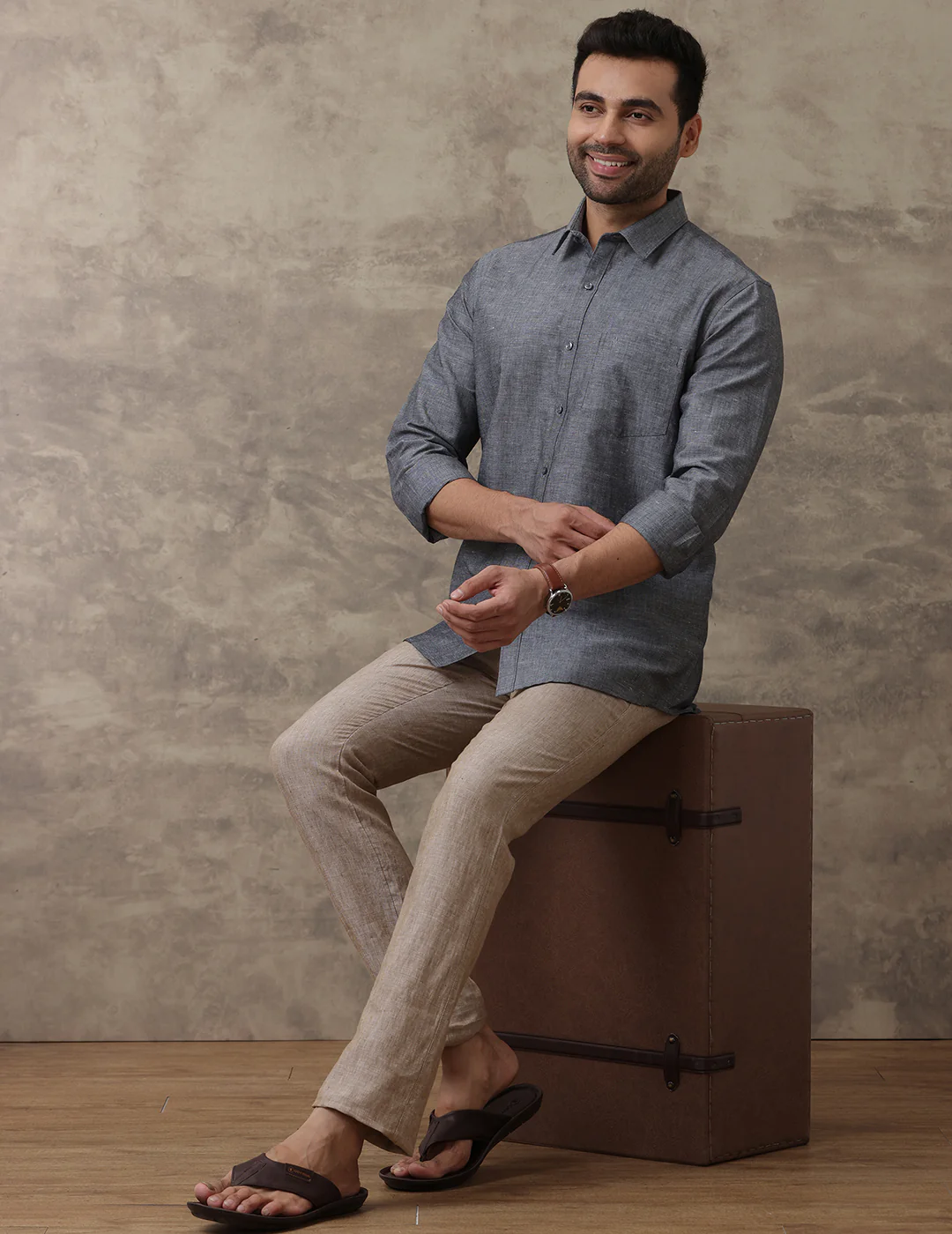 Men Linen Cotton Shirt Grey LF7 - Image 3