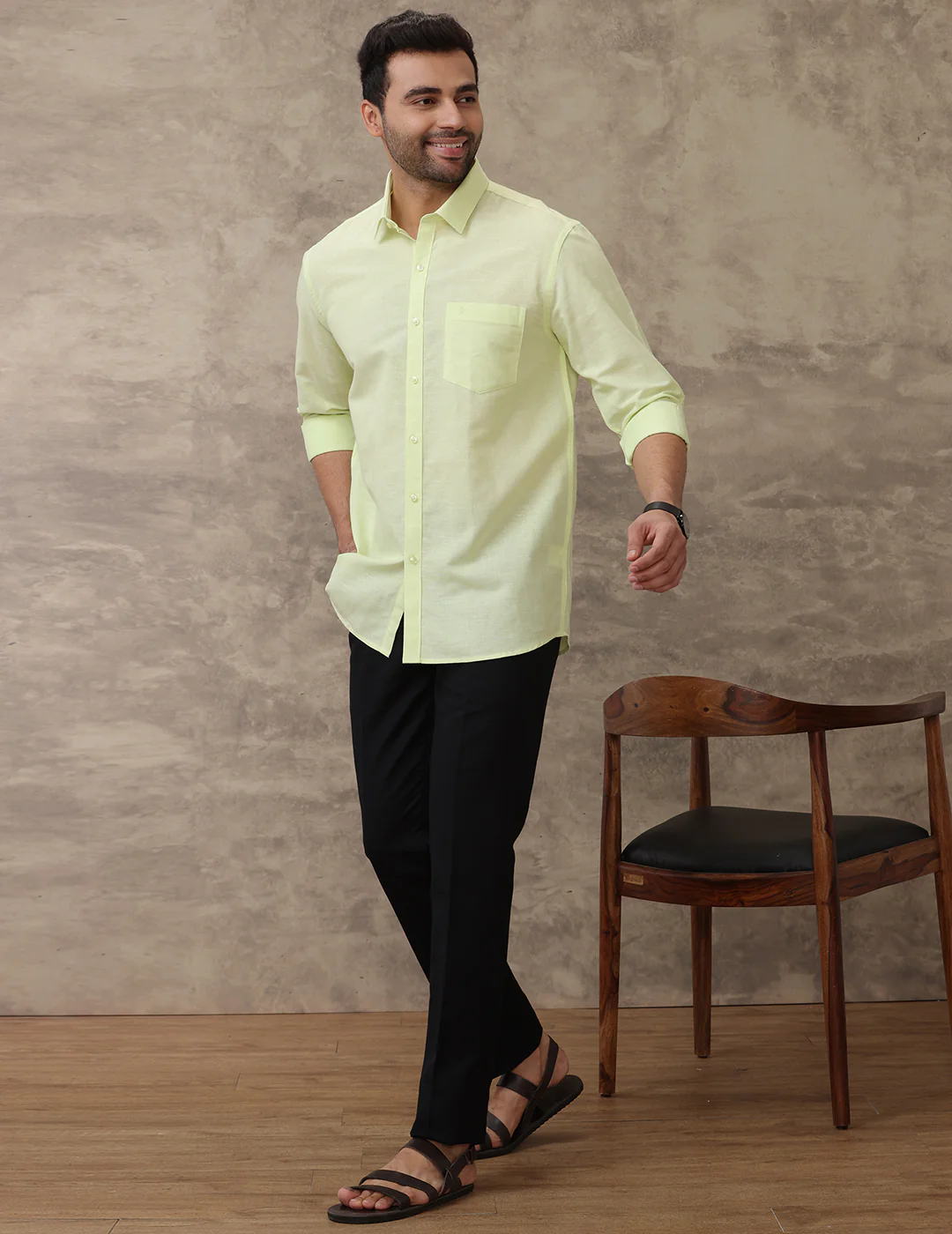 Men Linen Cotton Shirt Light Green LF3 - Image 3