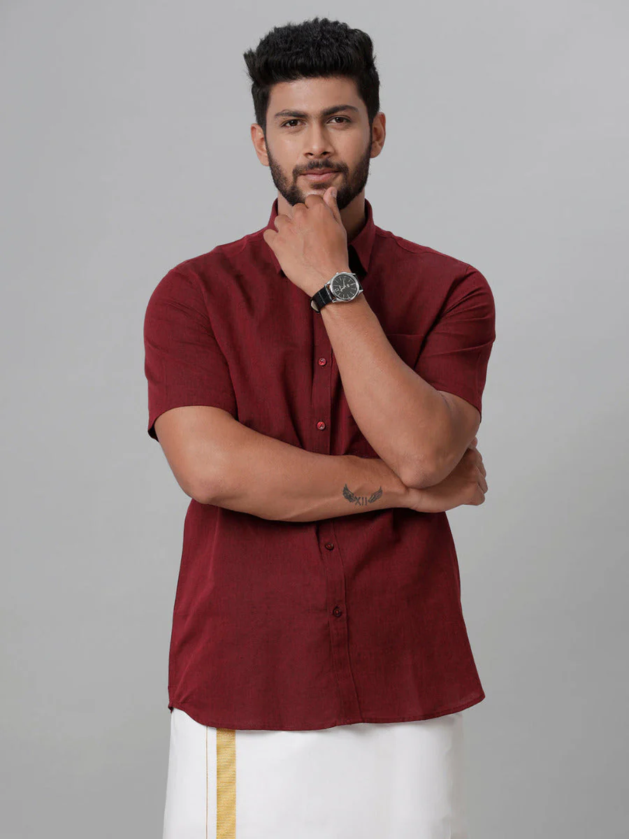 Men Linen Cotton Shirt Maroon LF14 - Image 2