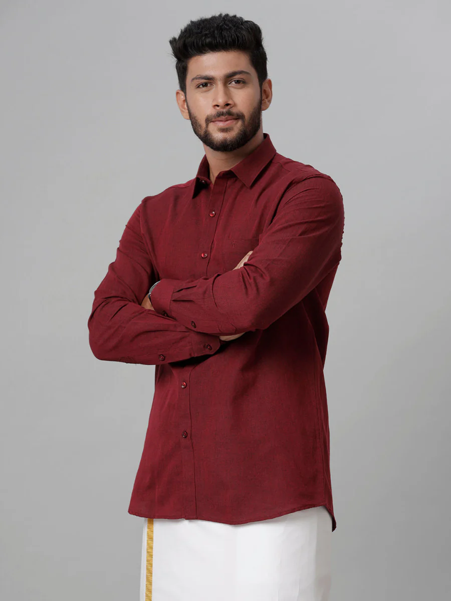 Men Linen Cotton Shirt Maroon LF14 - Image 3