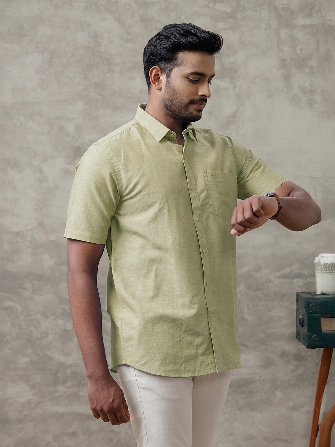 Men Linen Cotton Shirt Olive Green LF25 - Image 4