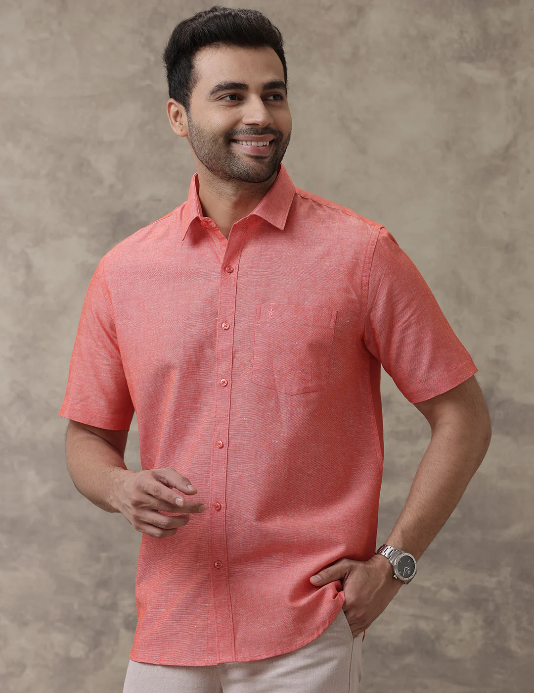 Men Linen Cotton Shirt Orange LF5 - Image 2
