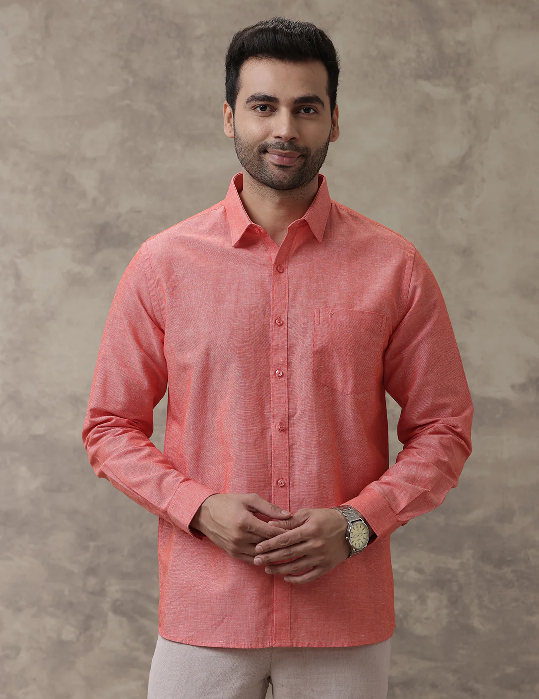 Men Linen Cotton Shirt Orange LF5 - Image 3