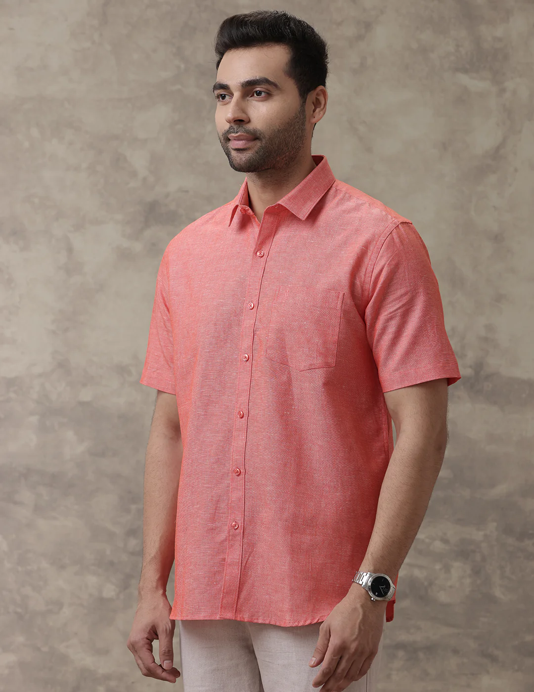 Men Linen Cotton Shirt Orange LF5 - Image 4