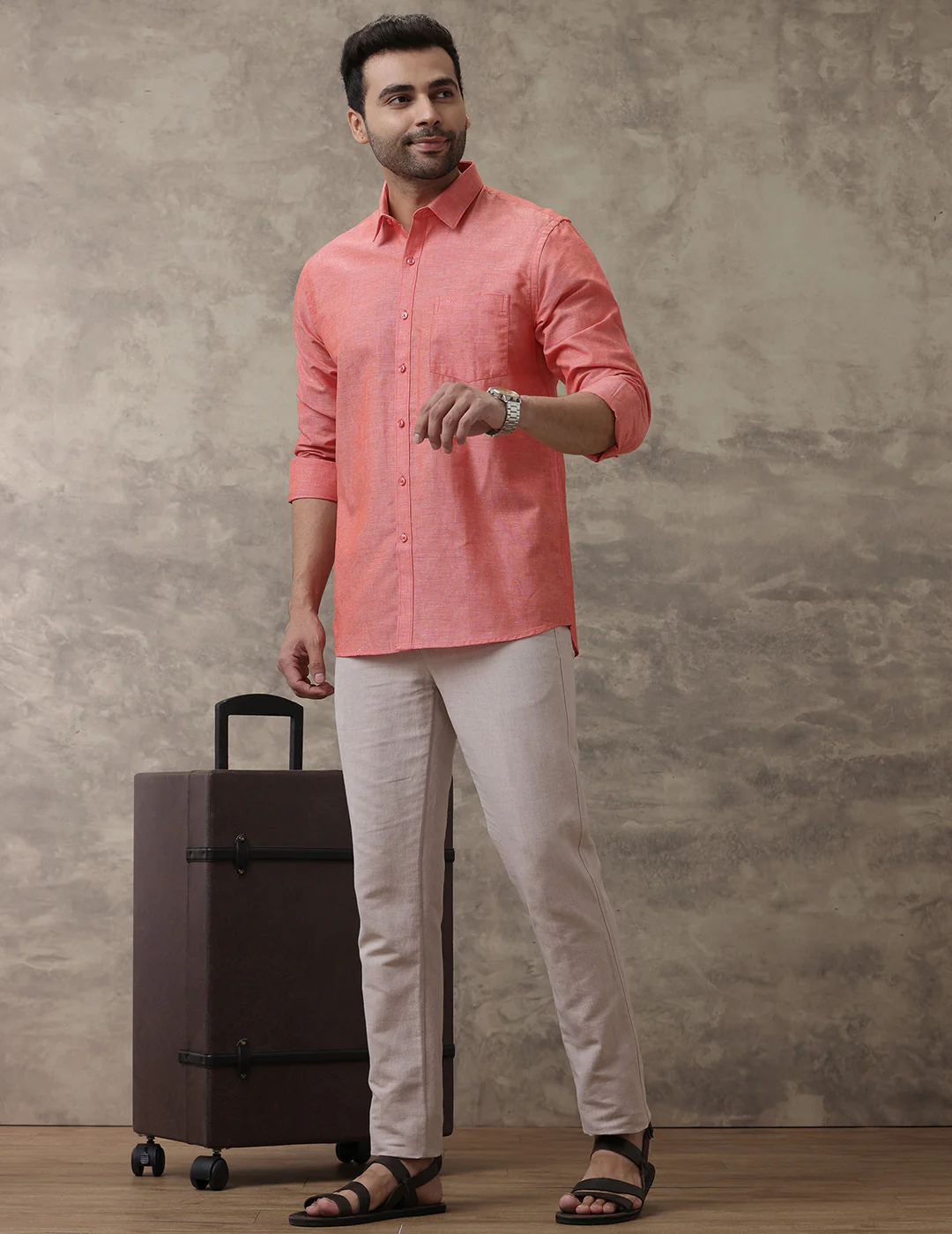 Men Linen Cotton Shirt Orange LF5 - Image 6