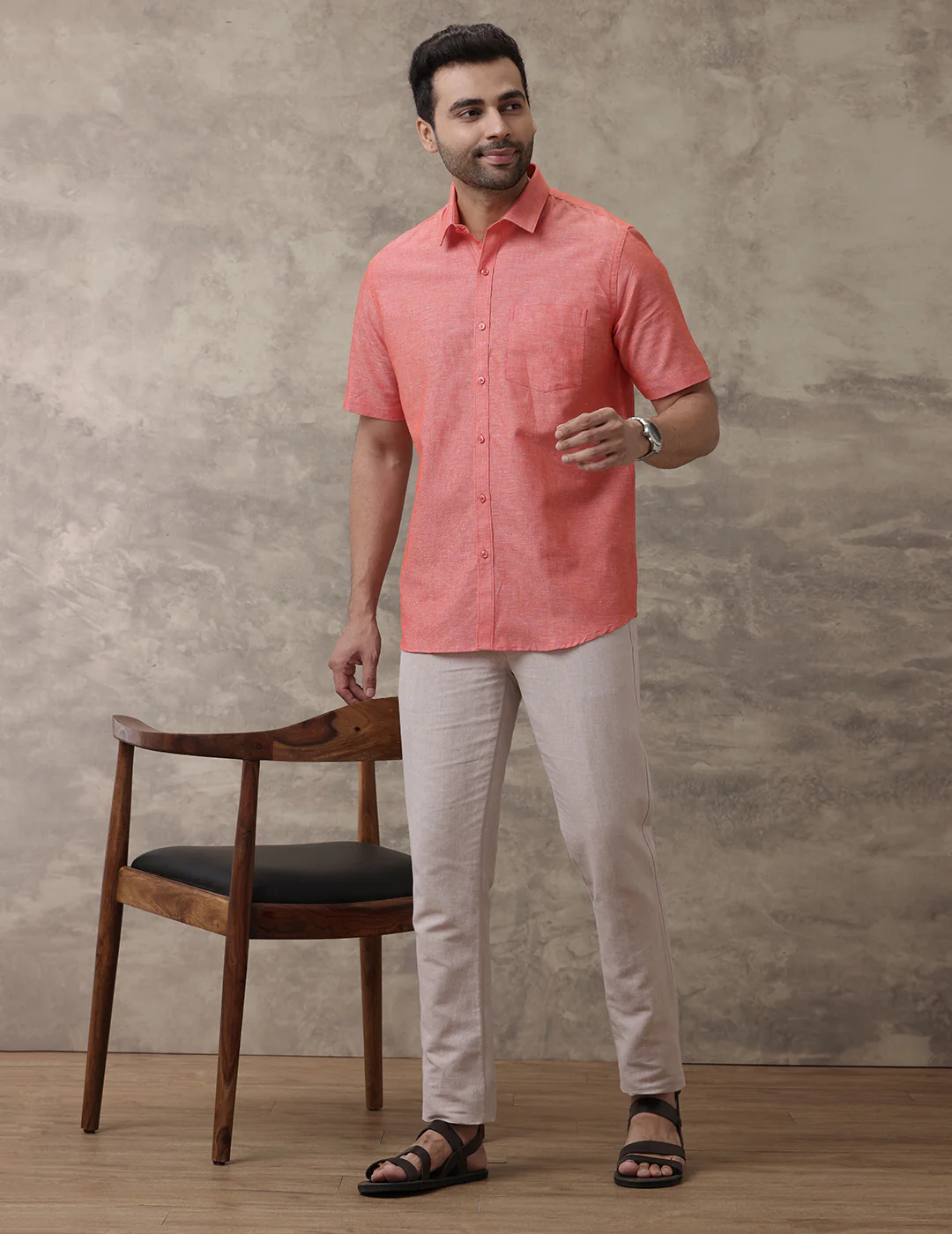 Men Linen Cotton Shirt Orange LF5 - Image 7