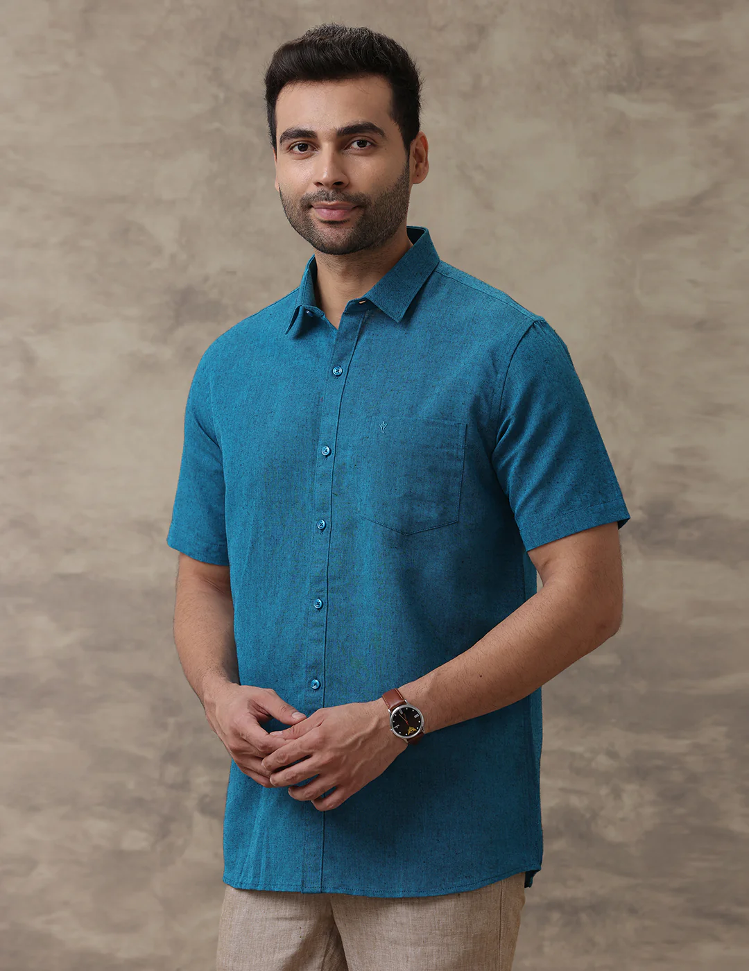 Men Linen Cotton Shirt Peacock Blue LF13 - Image 2