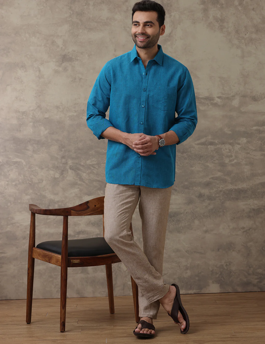 Men Linen Cotton Shirt Peacock Blue LF13 - Image 3