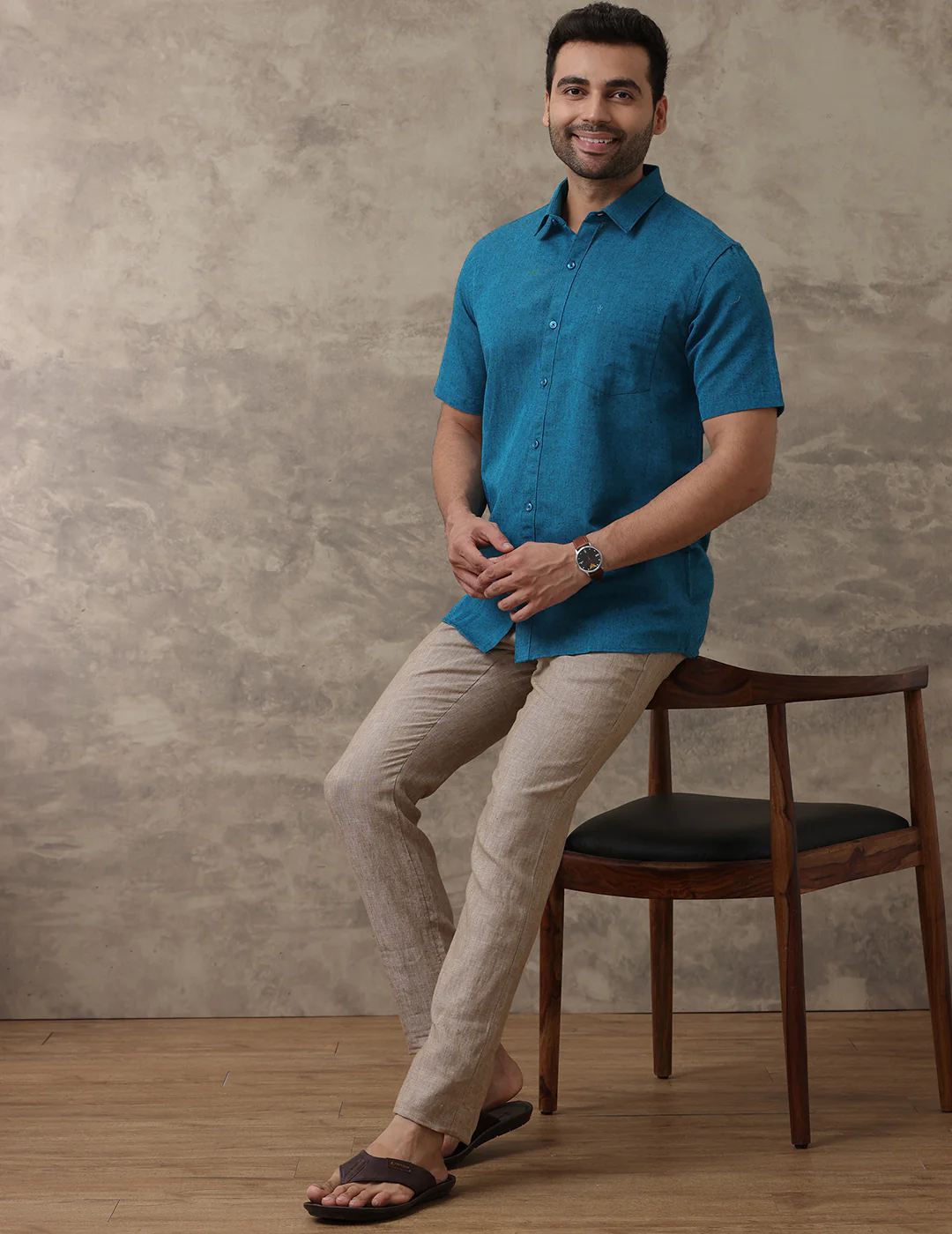 Men Linen Cotton Shirt Peacock Blue LF13 - Image 4