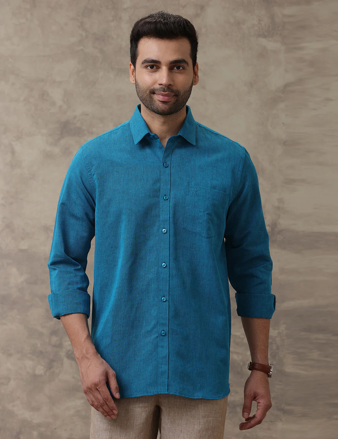 Men Linen Cotton Shirt Peacock Blue LF13 - Image 5