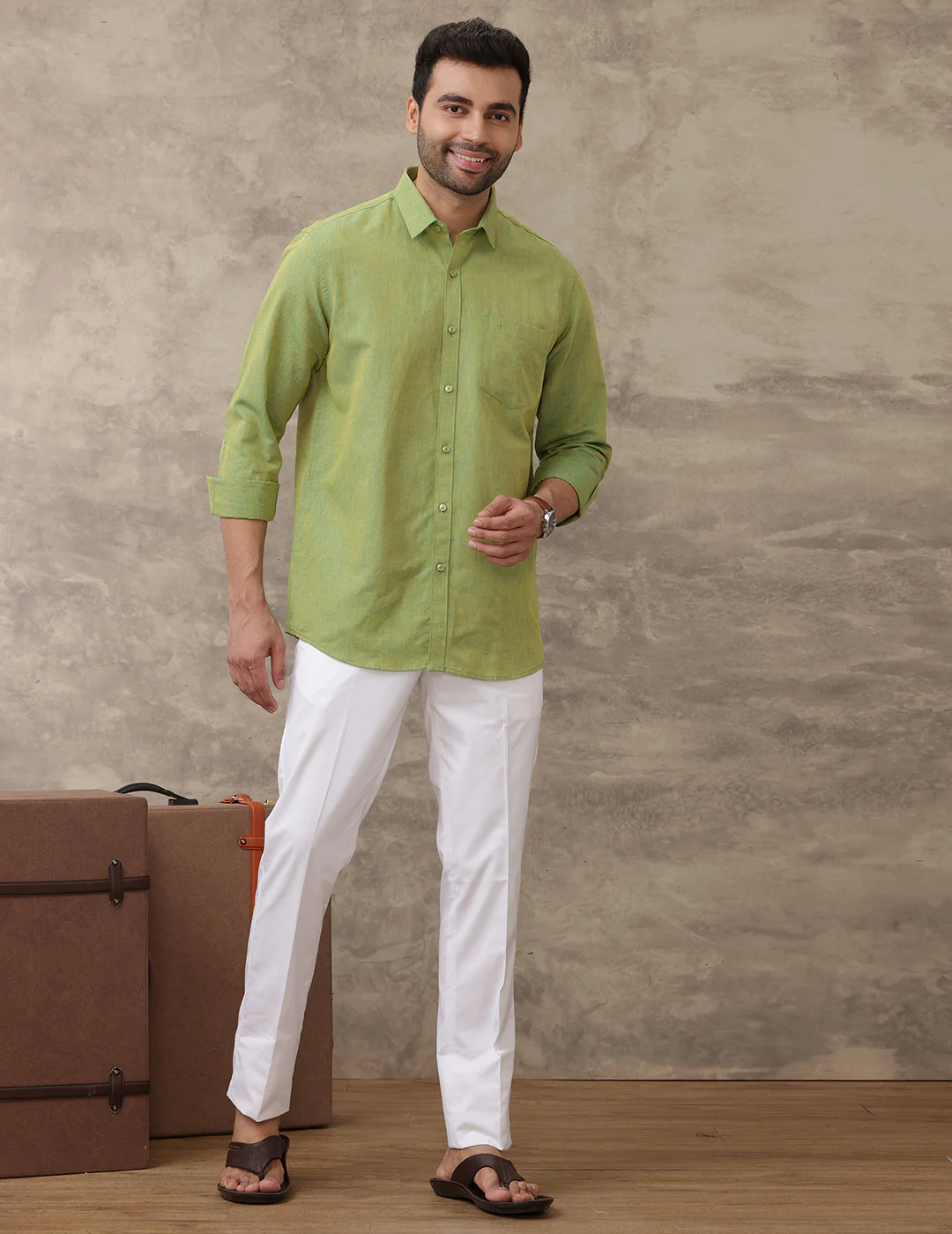 Men Linen Cotton Shirt Yellowish Green LF9 - Image 3