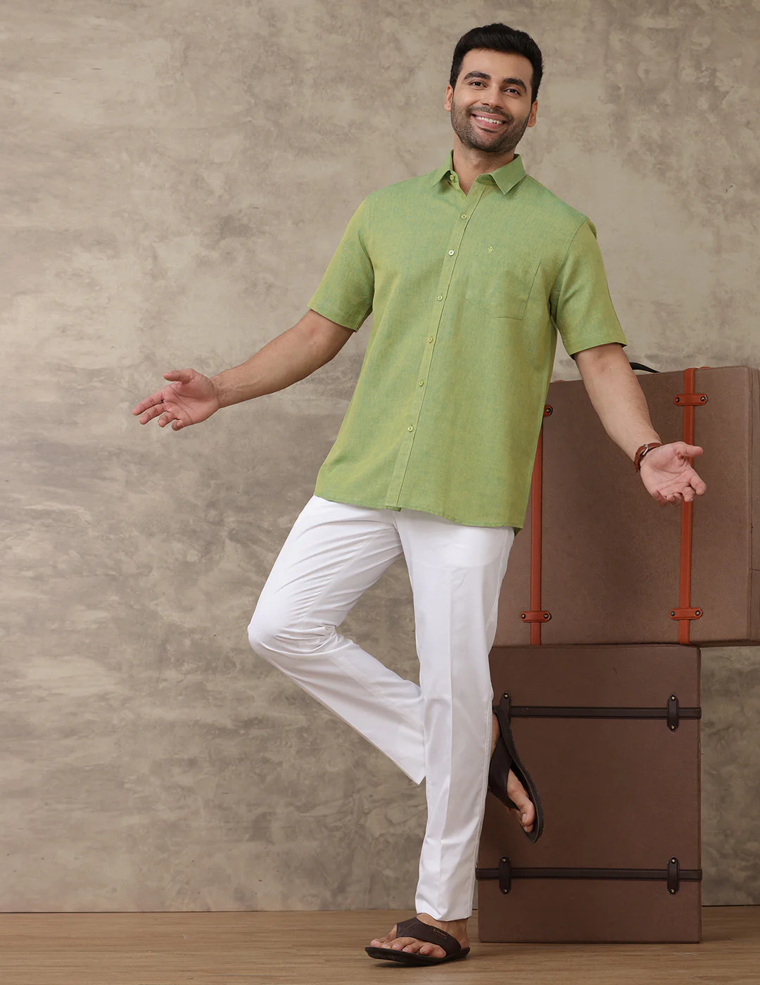Men Linen Cotton Shirt Yellowish Green LF9 - Image 4