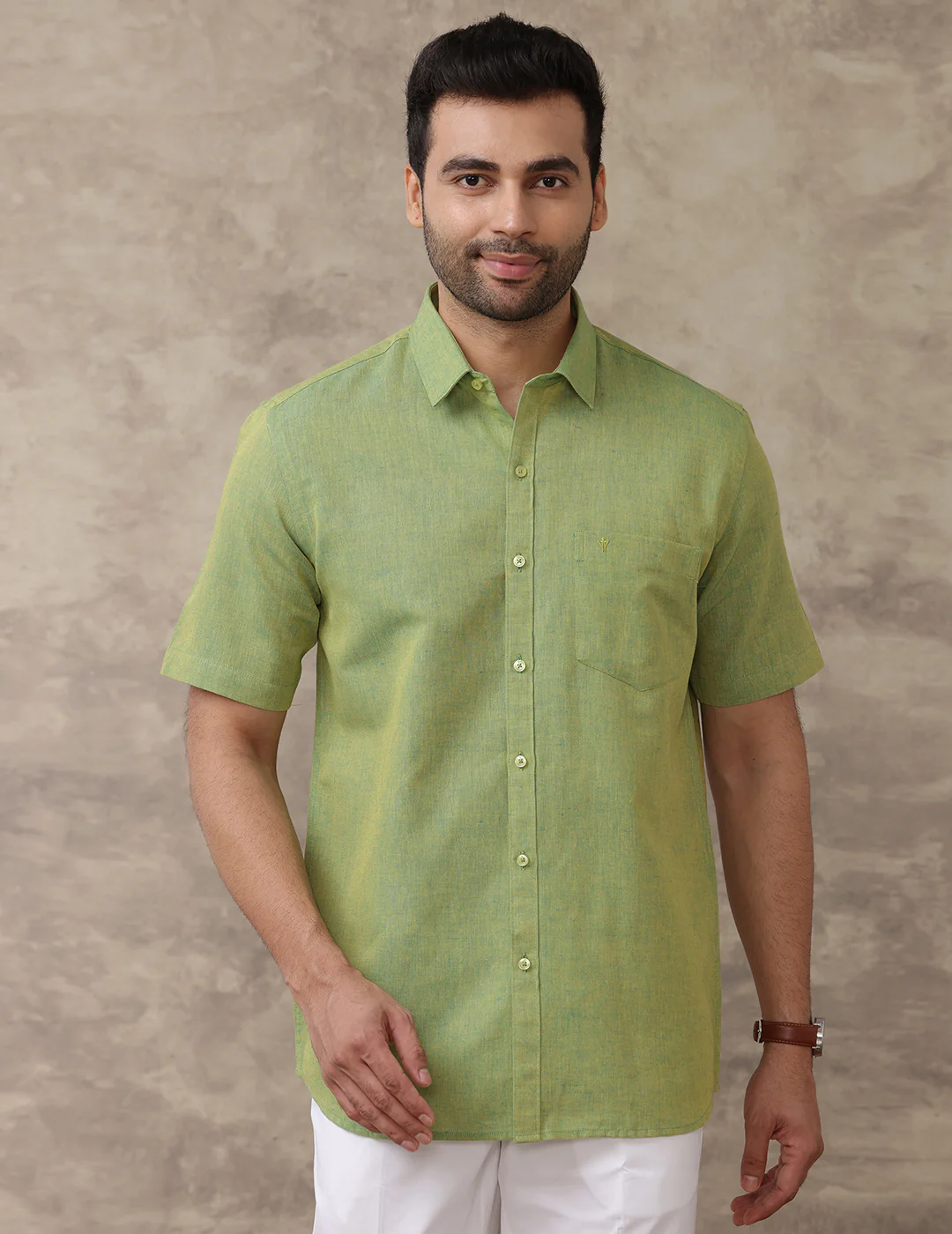 Men Linen Cotton Shirt Yellowish Green LF9 - Image 6