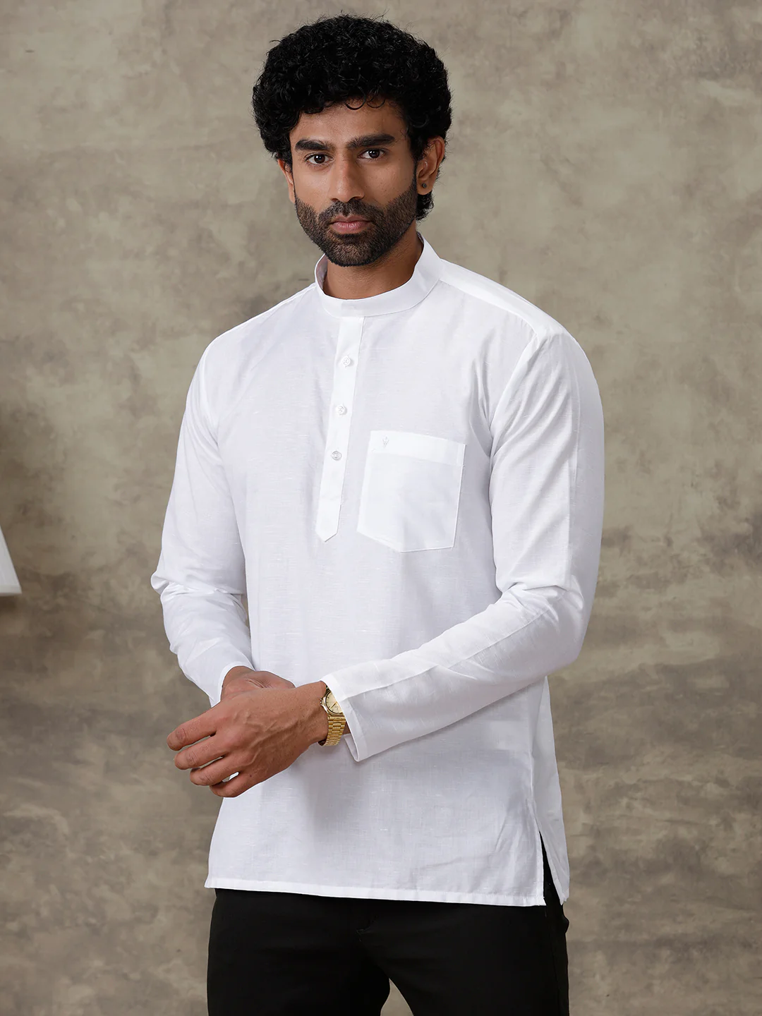 Men Linen Cotton Short Length Plain Pocket Kurta White MW1