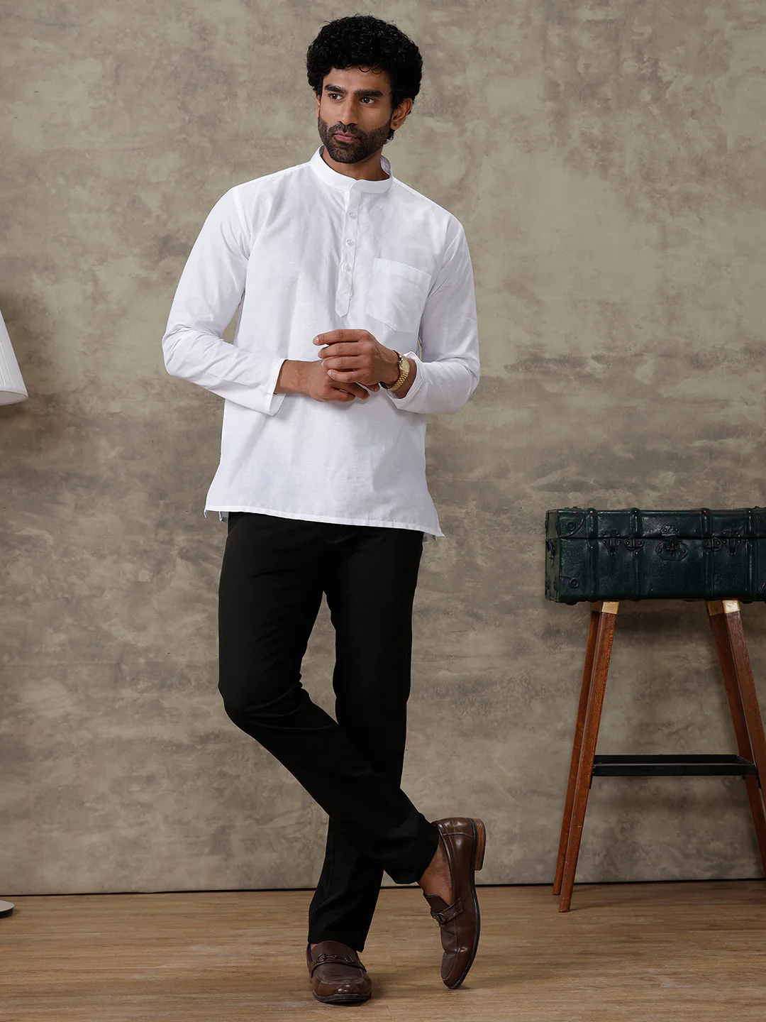 Men Linen Cotton Short Length Plain Pocket Kurta White MW1 - Image 2