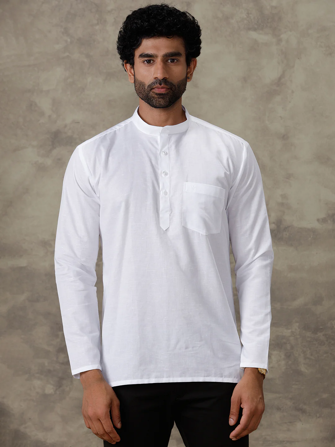 Men Linen Cotton Short Length Plain Pocket Kurta White MW1 - Image 3