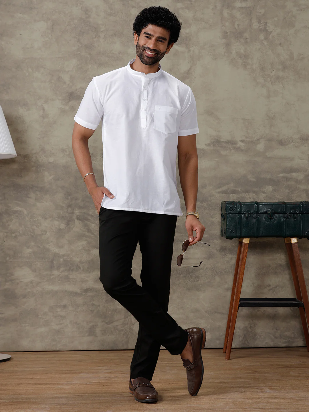 Men Linen Cotton Short Length Plain Pocket Kurta White MW2 - Image 2