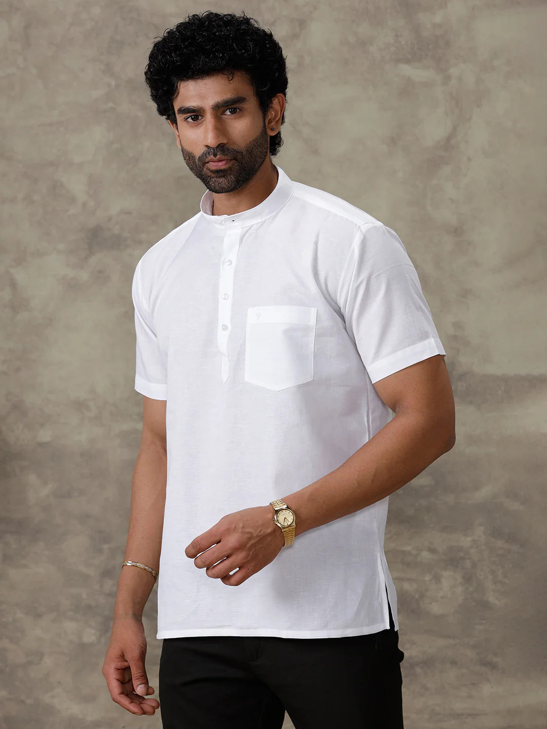 Men Linen Cotton Short Length Plain Pocket Kurta White MW2 - Image 3