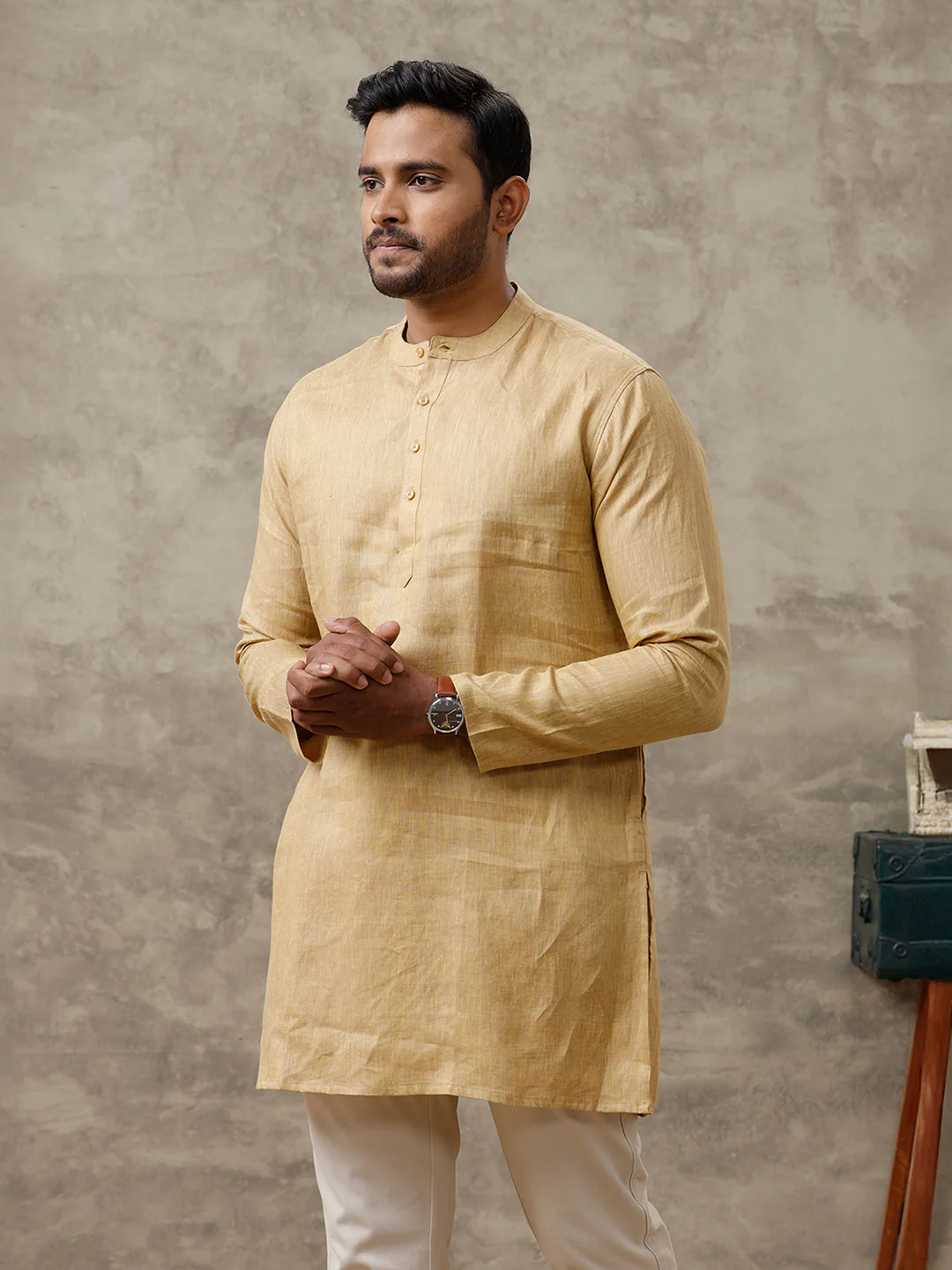 Men Linen Medium Length Kurta Mustard Yellow KAL20 - Image 2