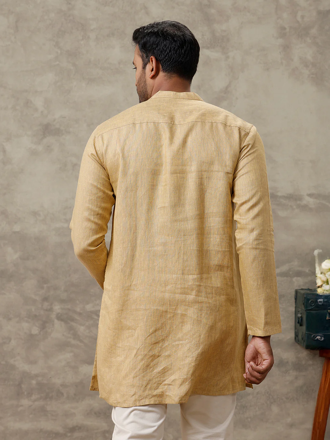 Men Linen Medium Length Kurta Mustard Yellow KAL20 - Image 3