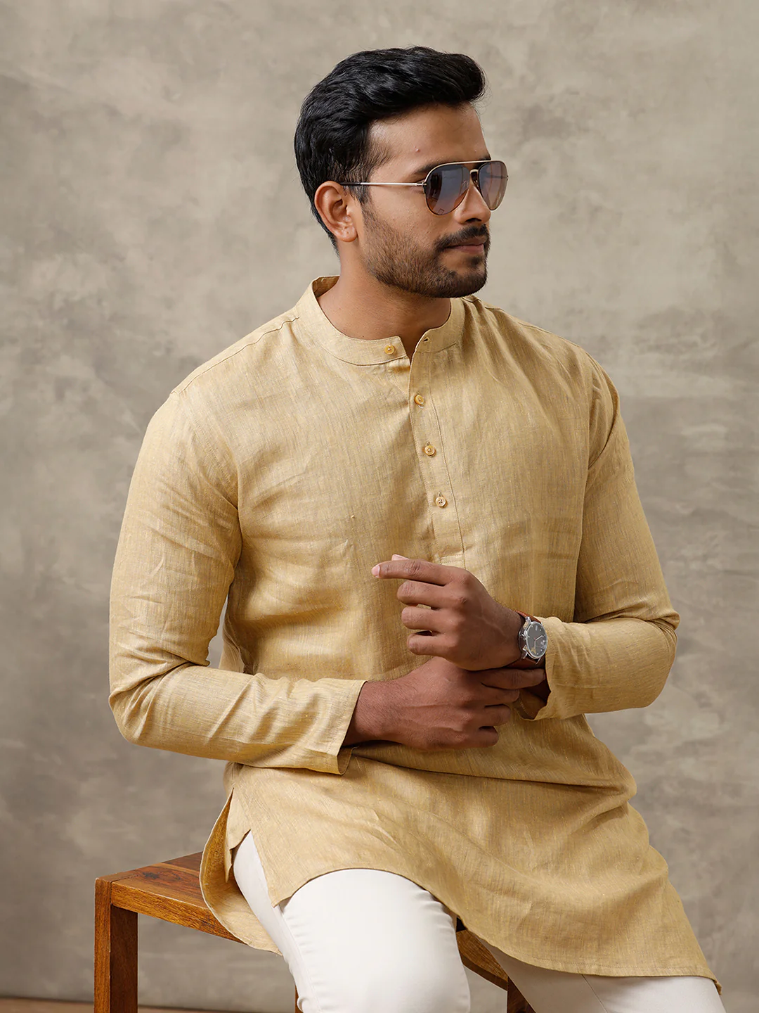 Men Linen Medium Length Kurta Mustard Yellow KAL20 - Image 4