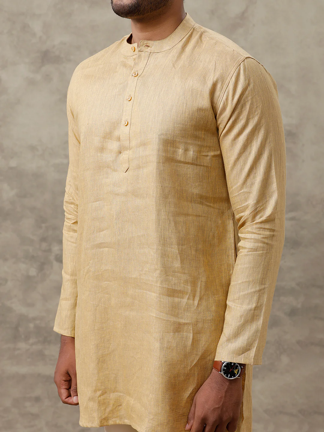 Men Linen Medium Length Kurta Mustard Yellow KAL20 - Image 5