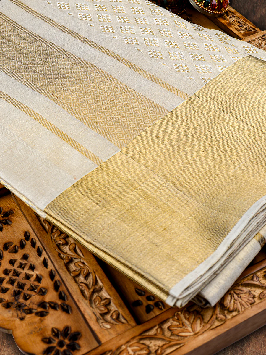 Men Luxury Handmade Pure Silk Tissue Jacquard Dhoti & Towel Set with 4" inch Gold Jari Fancy Border Agarshanaa - Image 2