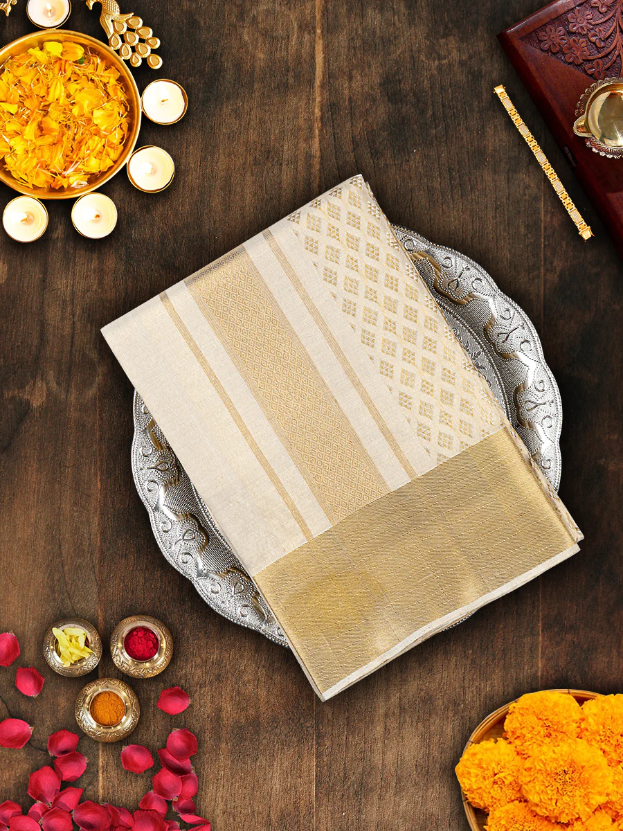 Men Luxury Handmade Pure Silk Tissue Jacquard Dhoti & Towel Set with 4" inch Gold Jari Fancy Border Agarshanaa - Image 3
