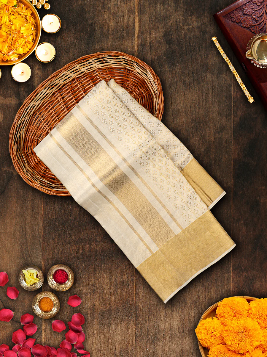 Men Luxury Handmade Pure Silk Tissue Jacquard Dhoti & Towel Set with 4" inch Gold Jari Fancy Border Agarshanaa - Image 4
