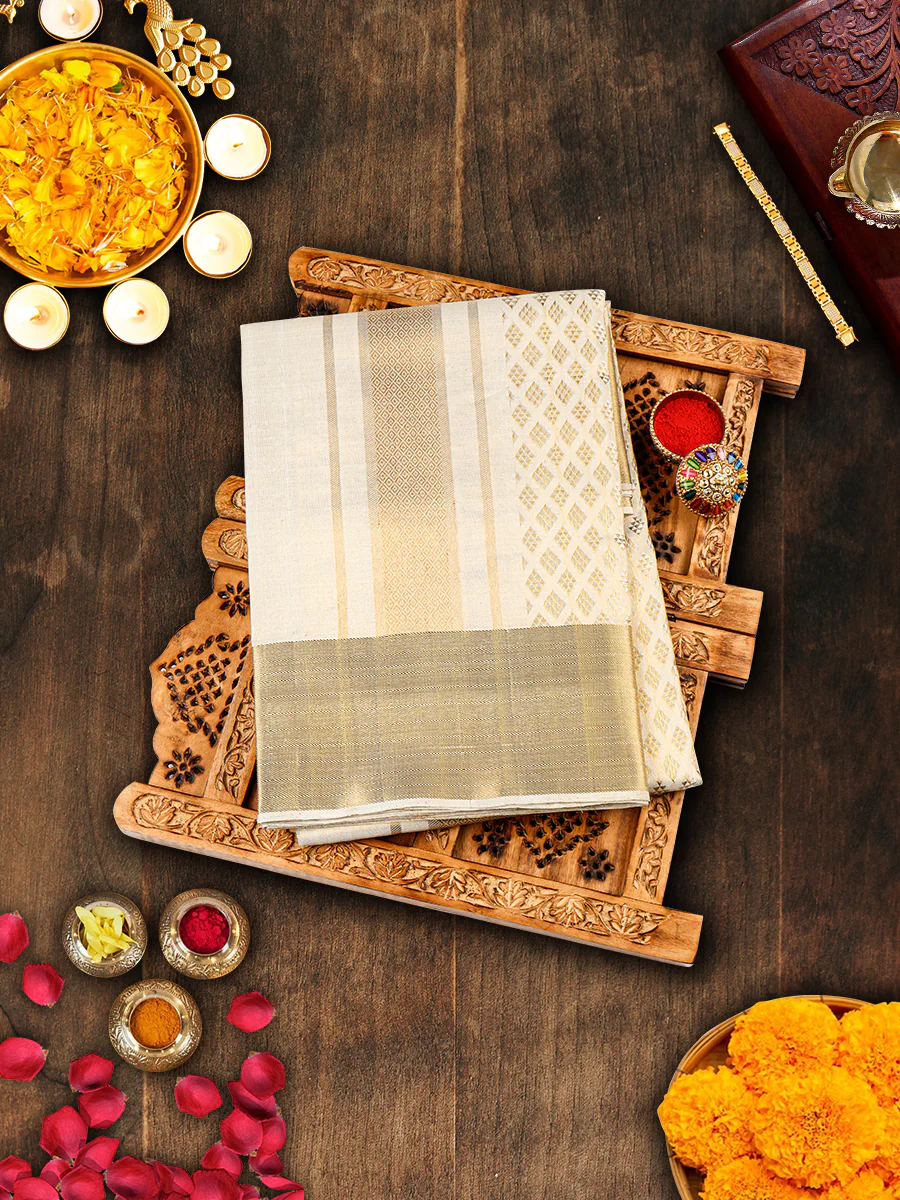 Men Luxury Handmade Pure Silk Tissue Jacquard Dhoti & Towel Set with 4" inch Gold Jari Fancy Border Agarshanaa - Image 5