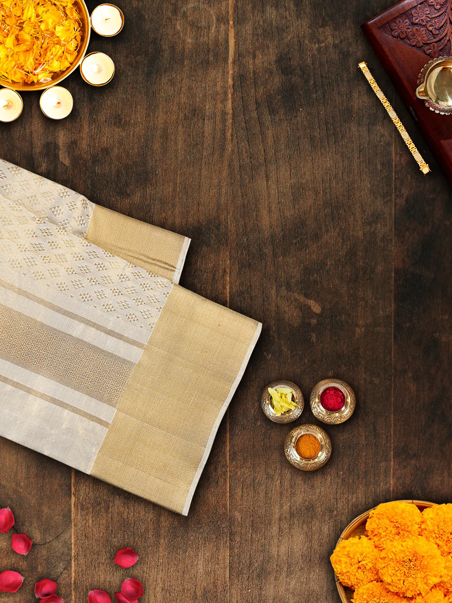 Men Luxury Handmade Pure Silk Tissue Jacquard Dhoti & Towel Set with 4" inch Gold Jari Fancy Border Agarshanaa - Image 6