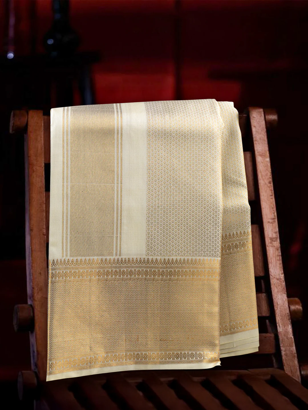 Men Luxury Premium Pure Silk Cream Dhoti & Towel Set with 6" inch Gold Jari Border Amirtham AM13 - Image 2
