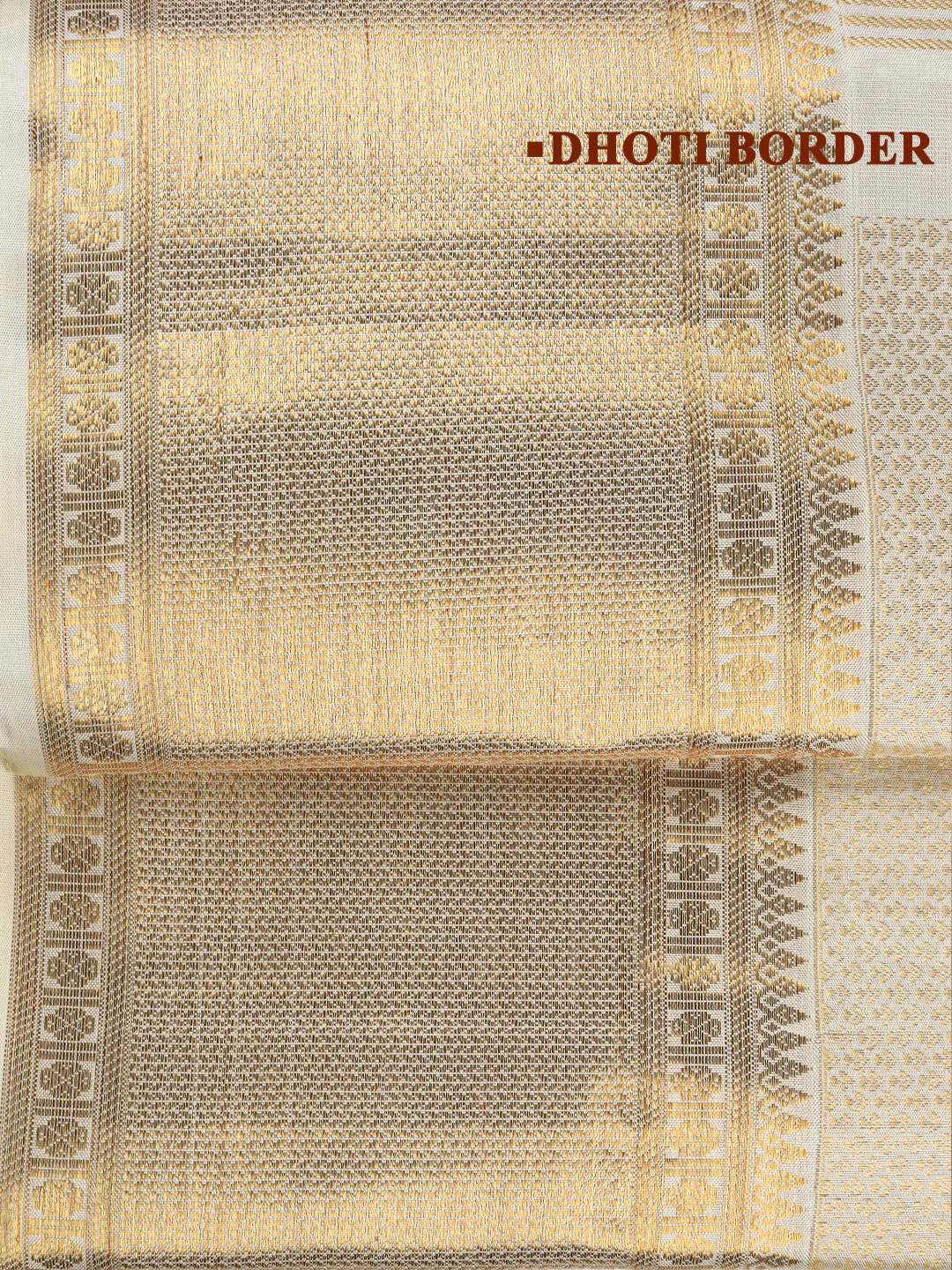 Men Luxury Premium Pure Silk Cream Dhoti & Towel Set with 6" inch Gold Jari Border Amirtham AM13 - Image 3