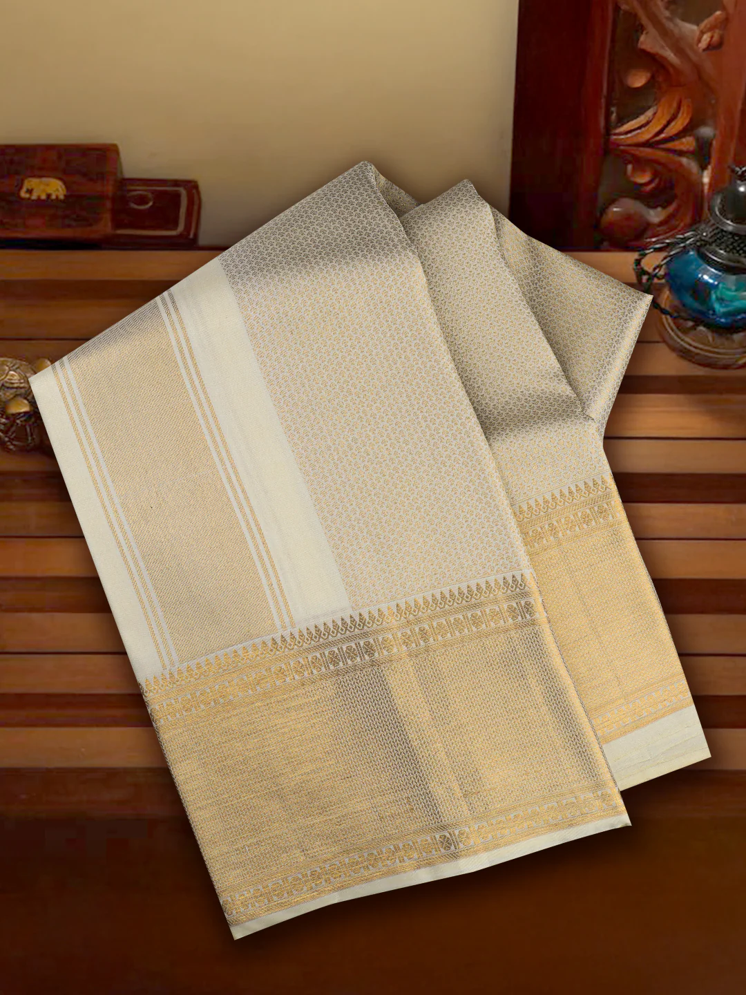 Men Luxury Premium Pure Silk Cream Dhoti & Towel Set with 6" inch Gold Jari Border Amirtham AM13 - Image 4