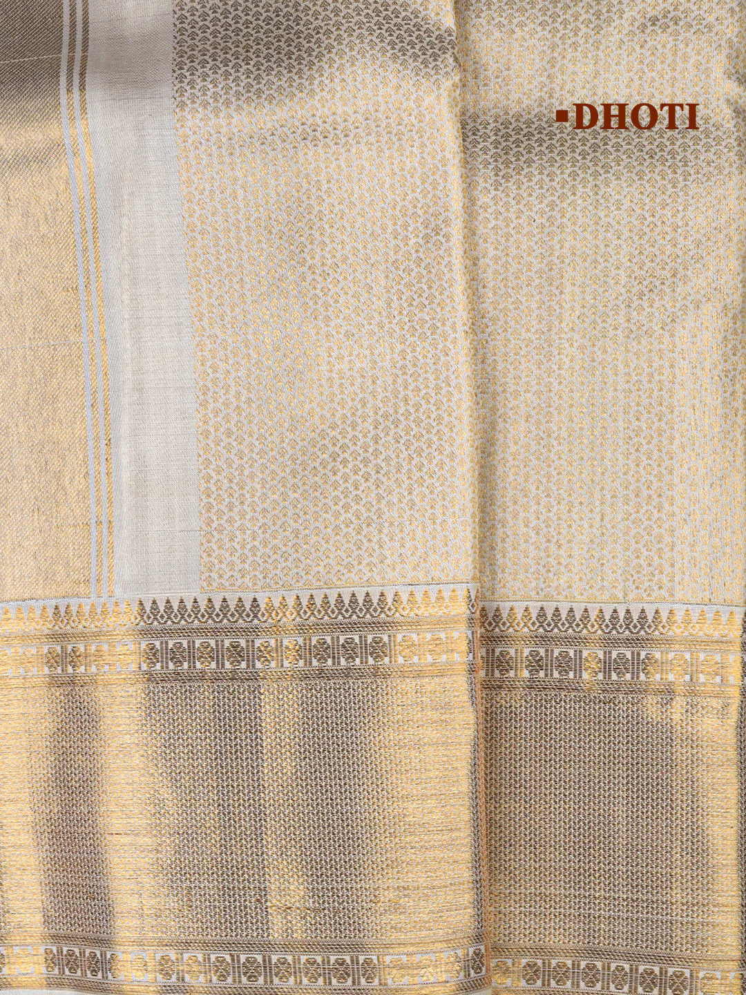 Men Luxury Premium Pure Silk Cream Dhoti & Towel Set with 6" inch Gold Jari Border Amirtham AM13 - Image 5