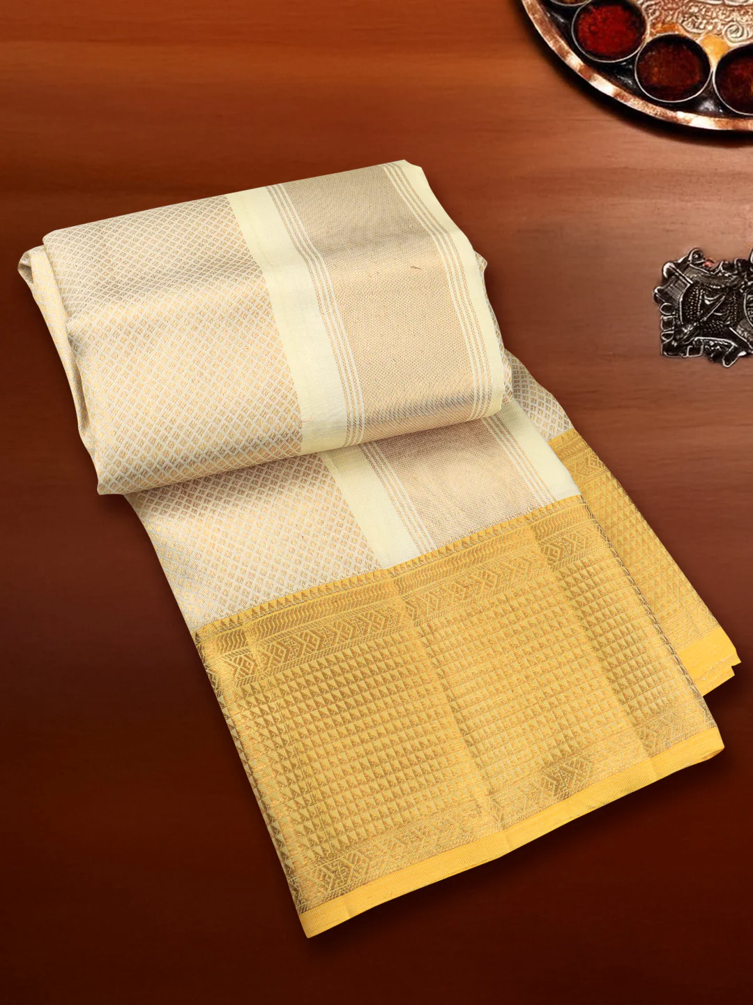 Men Luxury Premium Pure Silk Cream Dhoti Towel Set with 6" inch Gold Jari Border Amirtham AM19 - Image 3
