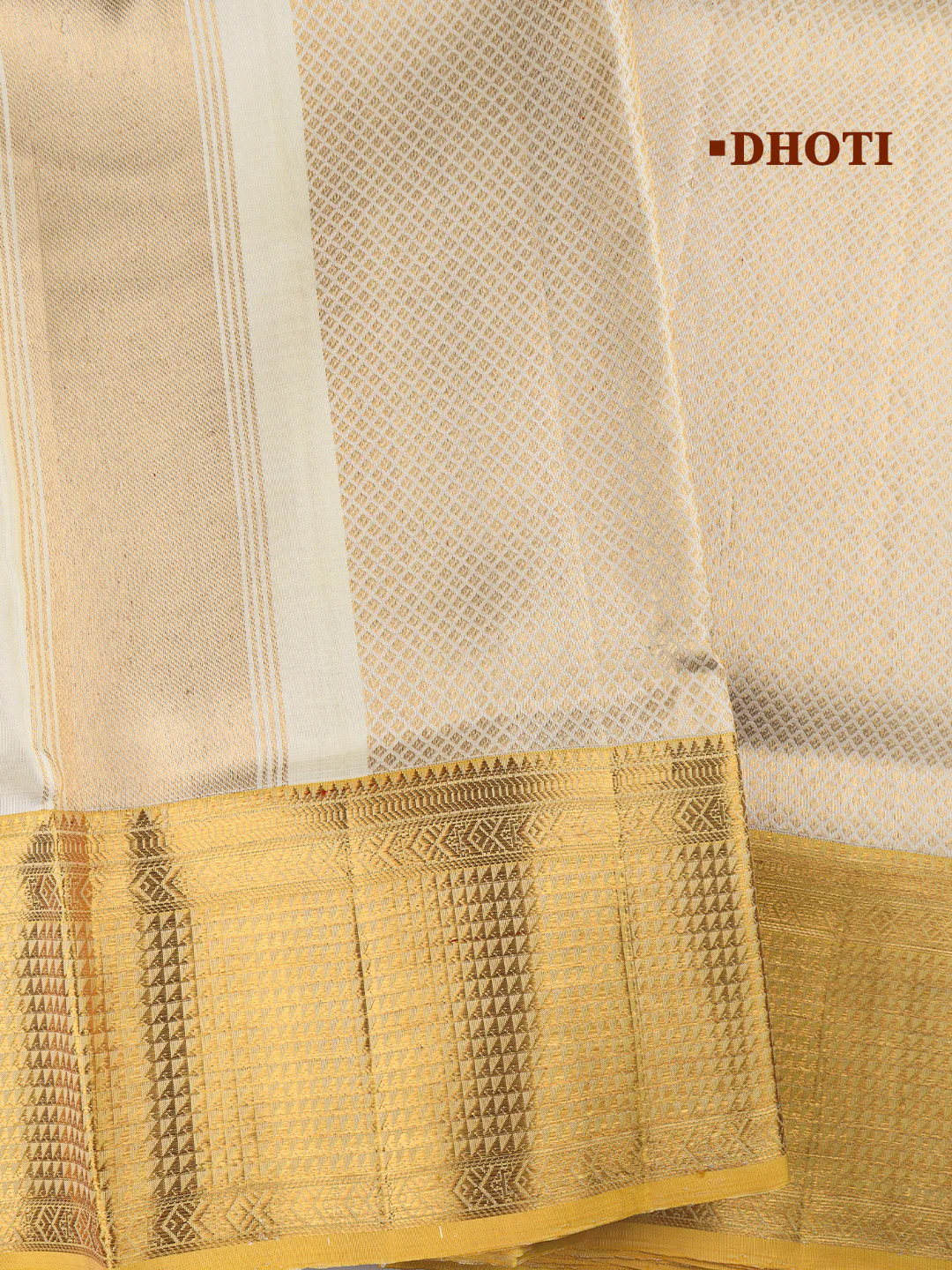 Men Luxury Premium Pure Silk Cream Dhoti Towel Set with 6" inch Gold Jari Border Amirtham AM19 - Image 4