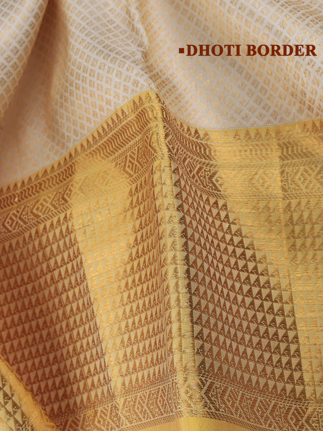 Men Luxury Premium Pure Silk Cream Dhoti Towel Set with 6" inch Gold Jari Border Amirtham AM19 - Image 5