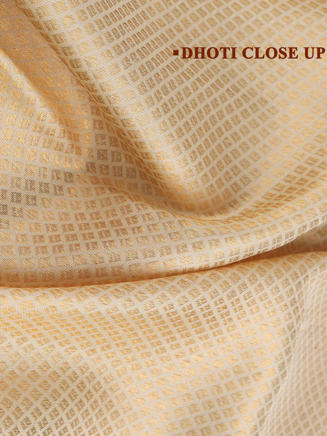 Men Luxury Premium Pure Silk Cream Dhoti Towel Set with 6" inch Gold Jari Border Amirtham AM19 - Image 6