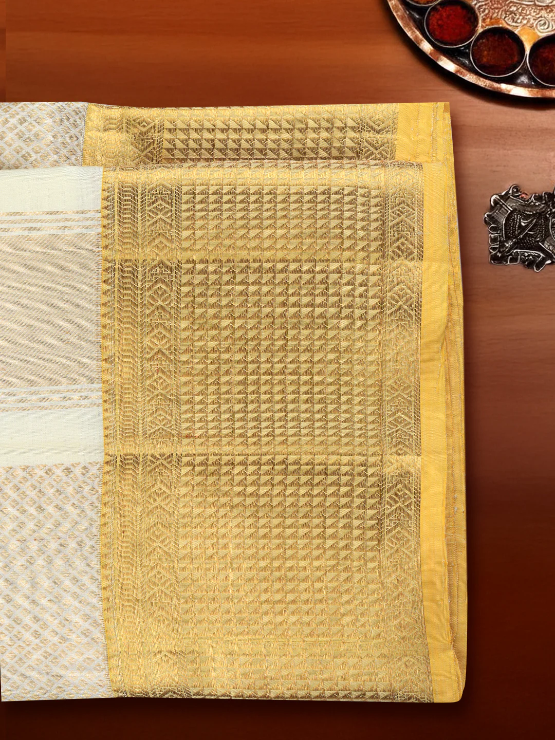 Men Luxury Premium Pure Silk Cream Dhoti Towel Set with 6" inch Gold Jari Border Amirtham AM19 - Image 7