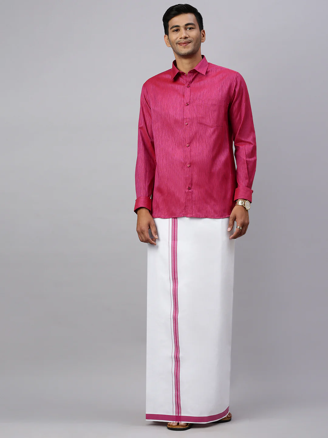 Men Magenta Matching Border Dhoti & Full Sleeves Shirt Set CV2 - Image 2