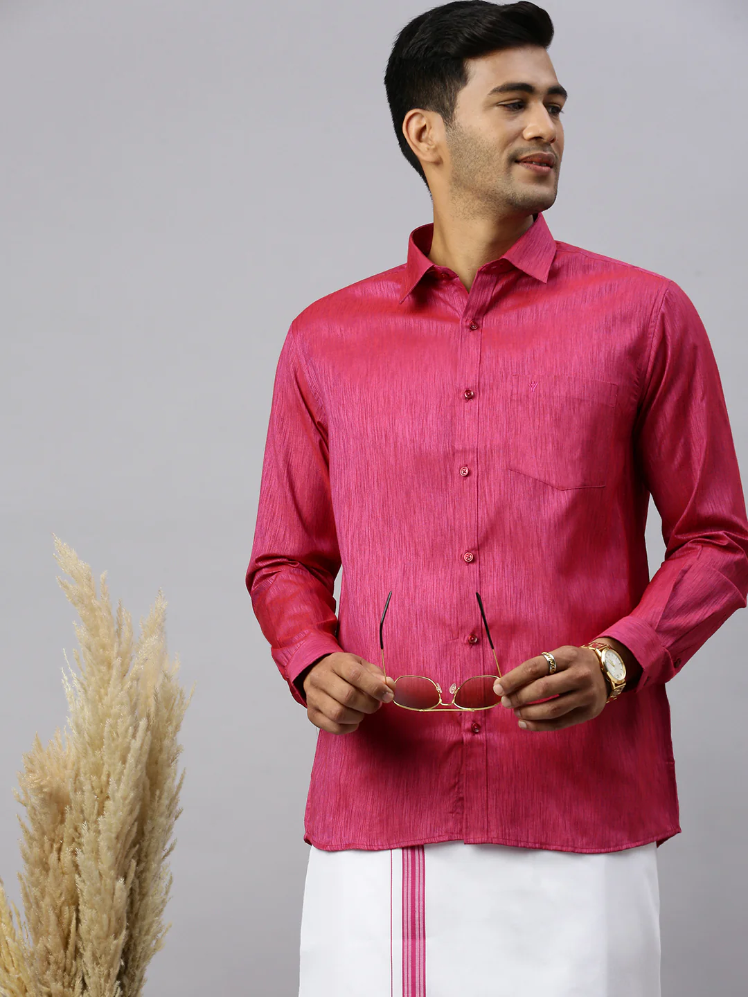 Men Magenta Matching Border Dhoti & Full Sleeves Shirt Set CV2 - Image 4