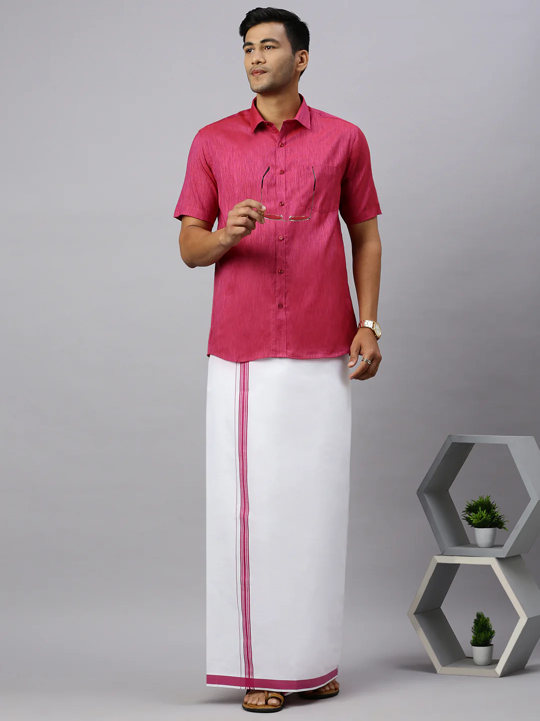 Men Magenta Matching Border Dhoti & Half Sleeves Shirt Set CV2 - Image 2